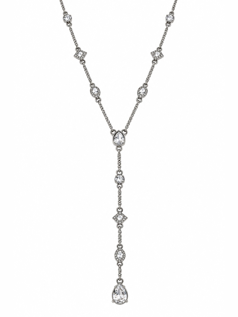 Givenchy Silver Tone Crystal Y Necklace Drop Pendant Adjustable Chain